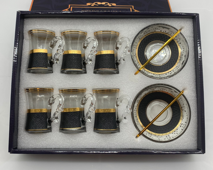 Glass Tea Cup Set - 6 Cups & Saucers with Gold Trim & Spoons