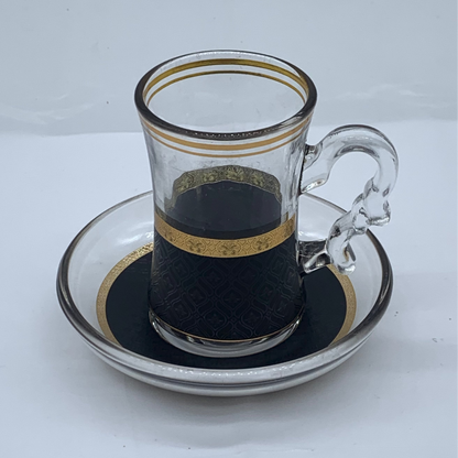 Glass Tea Cup Set - 6 Cups & Saucers with Gold Trim & Spoons