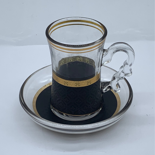 Glass Tea Cup Set - 6 Cups & Saucers with Gold Trim & Spoons
