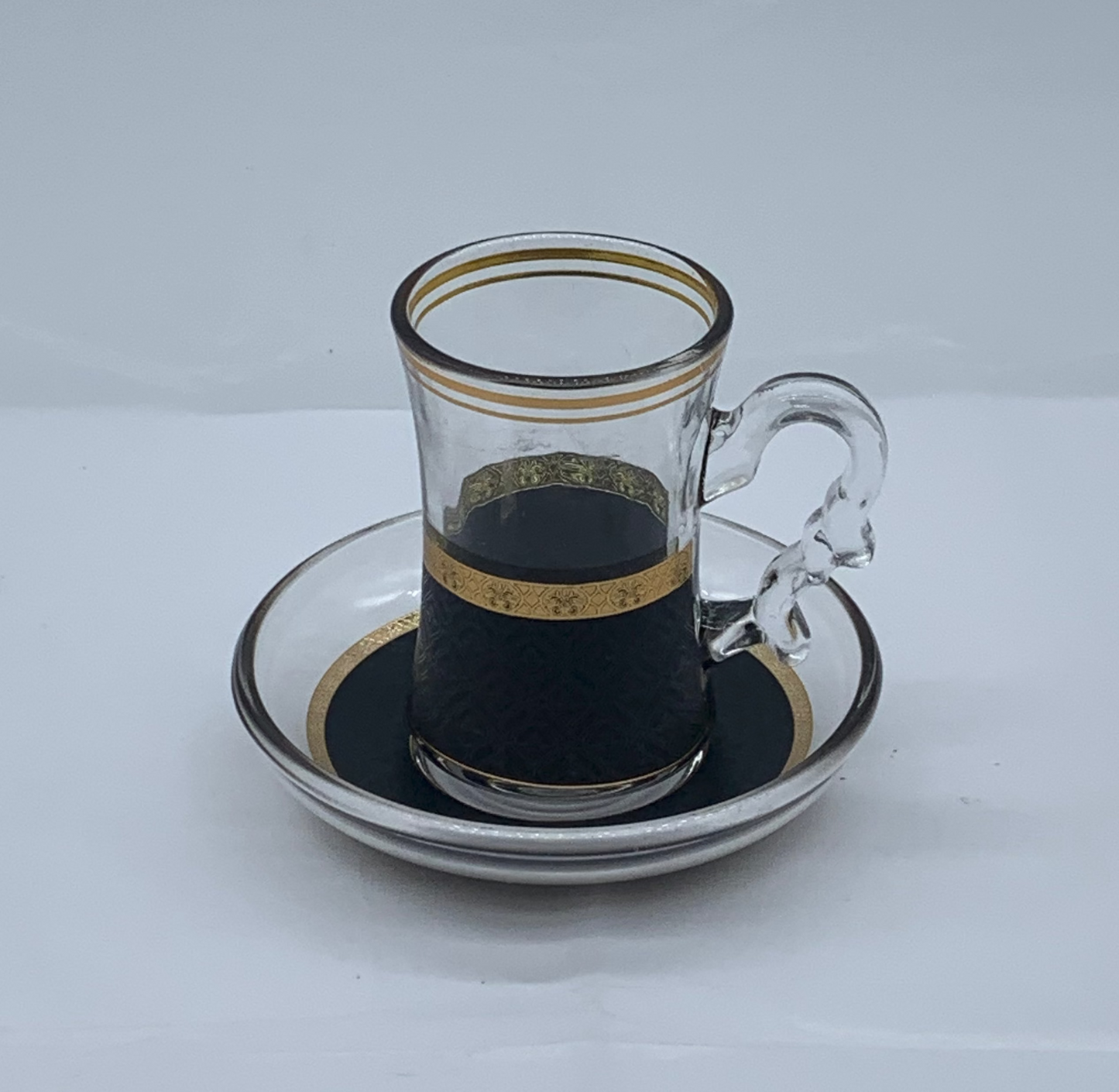 Glass Tea Cup Set - 6 Cups & Saucers with Gold Trim & Spoons