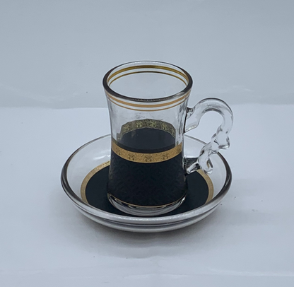 Glass Tea Cup Set - 6 Cups & Saucers with Gold Trim & Spoons