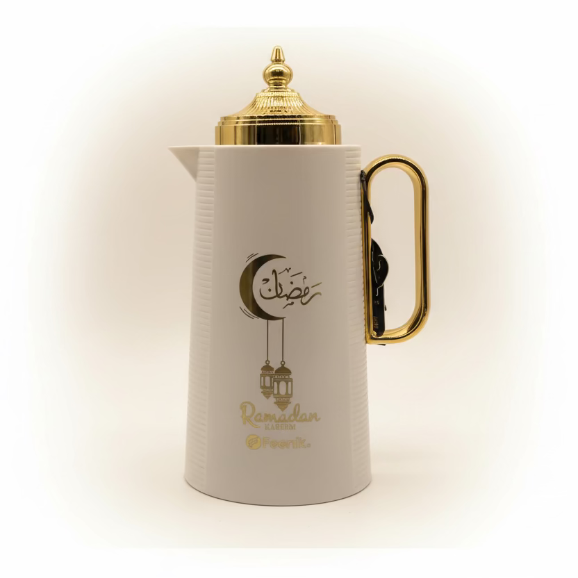 Vacuum Flask 1.0L - Ramadan Kareem White Gold Thermos for Coffee & Tea