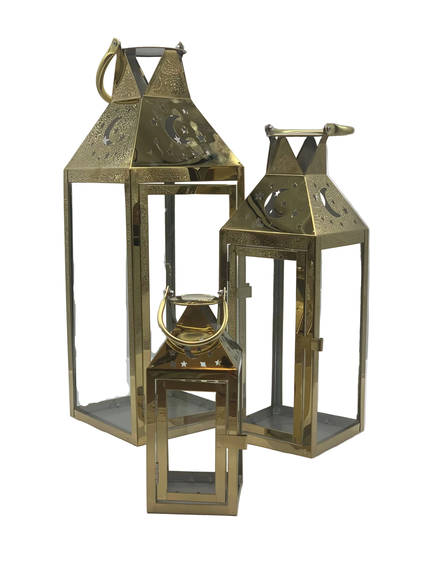 Ramadan Lantern Set 3 Pieces - Gold & Silver Metal Decorative Lamps (53cm 41cm 25cm)