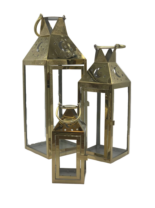 Ramadan Lantern Set 3 Pieces - Gold & Silver Metal Decorative Lamps (53cm 41cm 25cm)