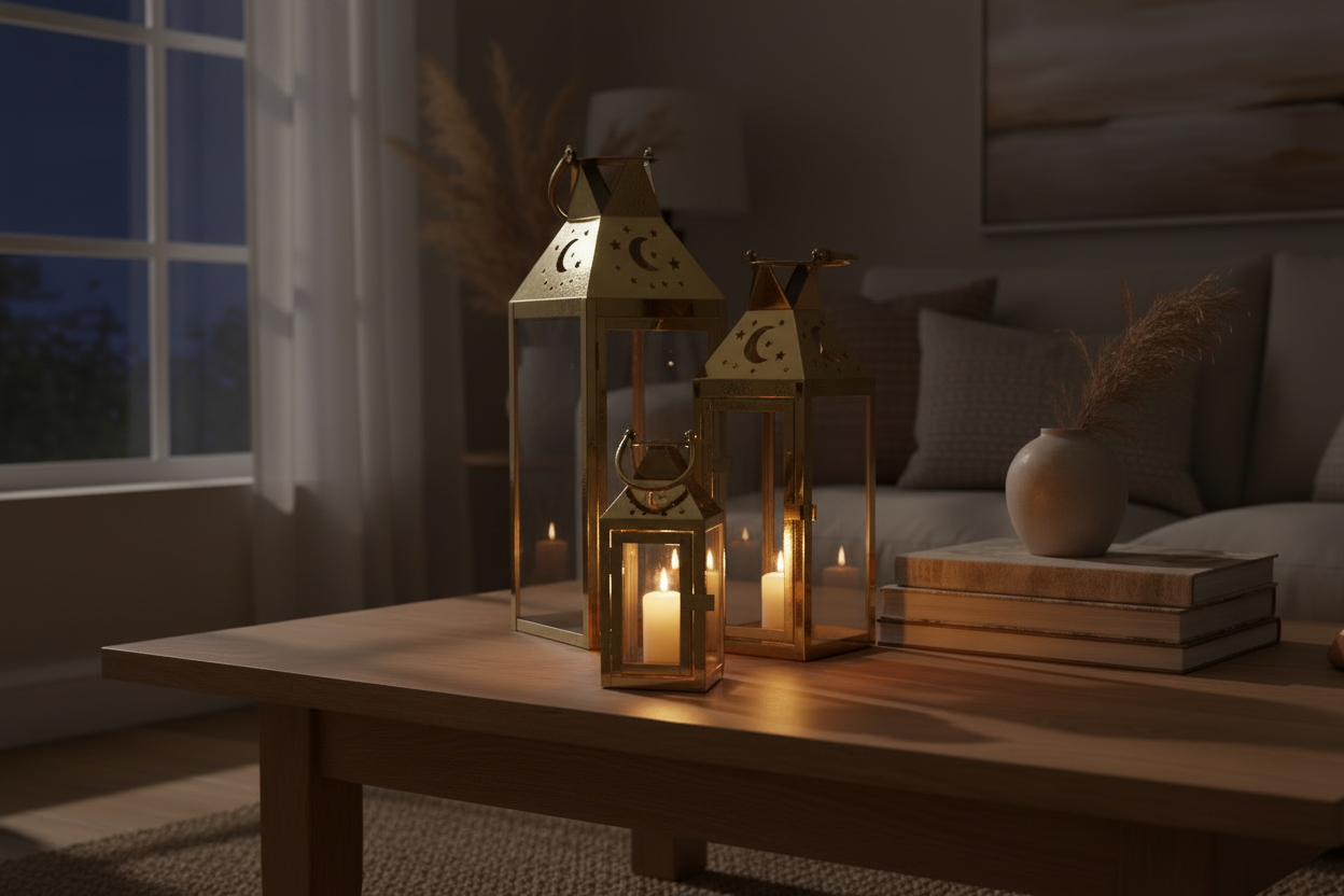 Ramadan Lantern Set 3 Pieces - Gold & Silver Metal Decorative Lamps (53cm 41cm 25cm)