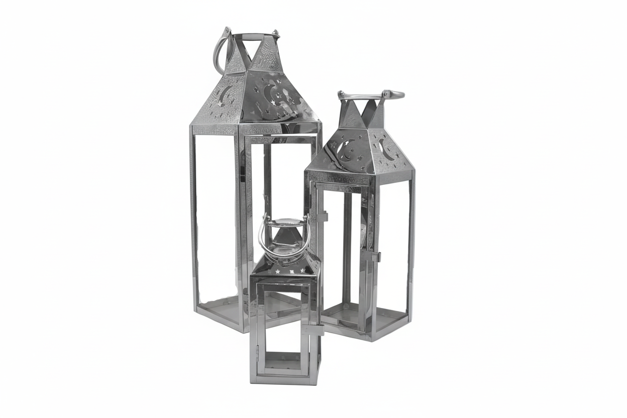 Ramadan Lantern Set 3 Pieces - Gold & Silver Metal Decorative Lamps (53cm 41cm 25cm)