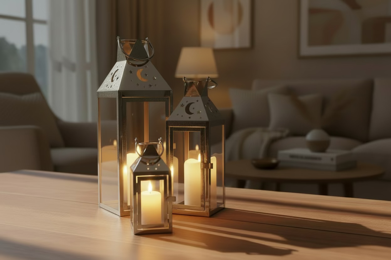 Ramadan Lantern Set 3 Pieces - Gold & Silver Metal Decorative Lamps (53cm 41cm 25cm)