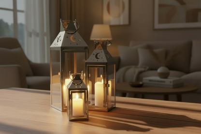 Ramadan Lantern Set 3 Pieces - Gold & Silver Metal Decorative Lamps (53cm 41cm 25cm)