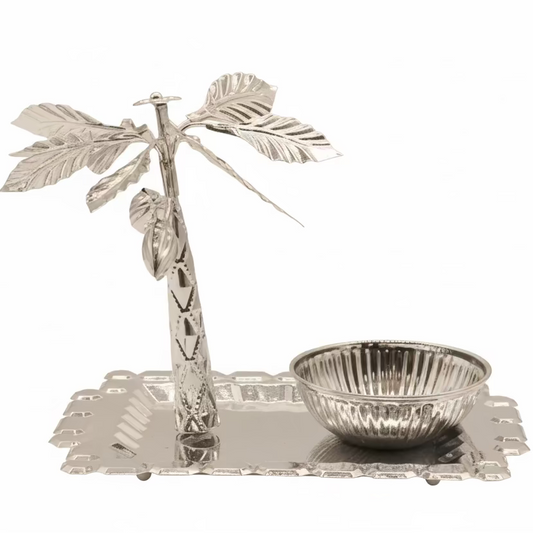 Metal Tray with Bowl Set - Silver Palm Tree Design Serving Platter
