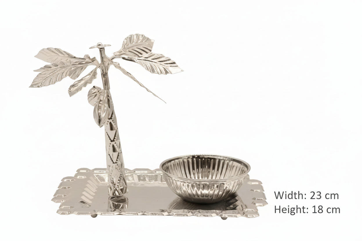 Metal Tray with Bowl Set - Silver Palm Tree Design Serving Platter