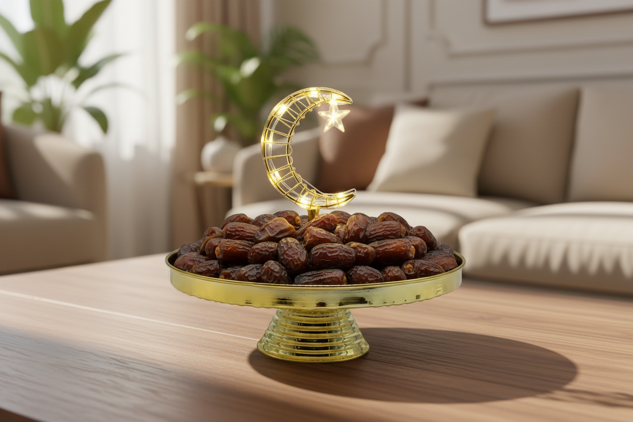 Ramadan Candy Tray with LED - Gold Crescent Moon Serving Stand