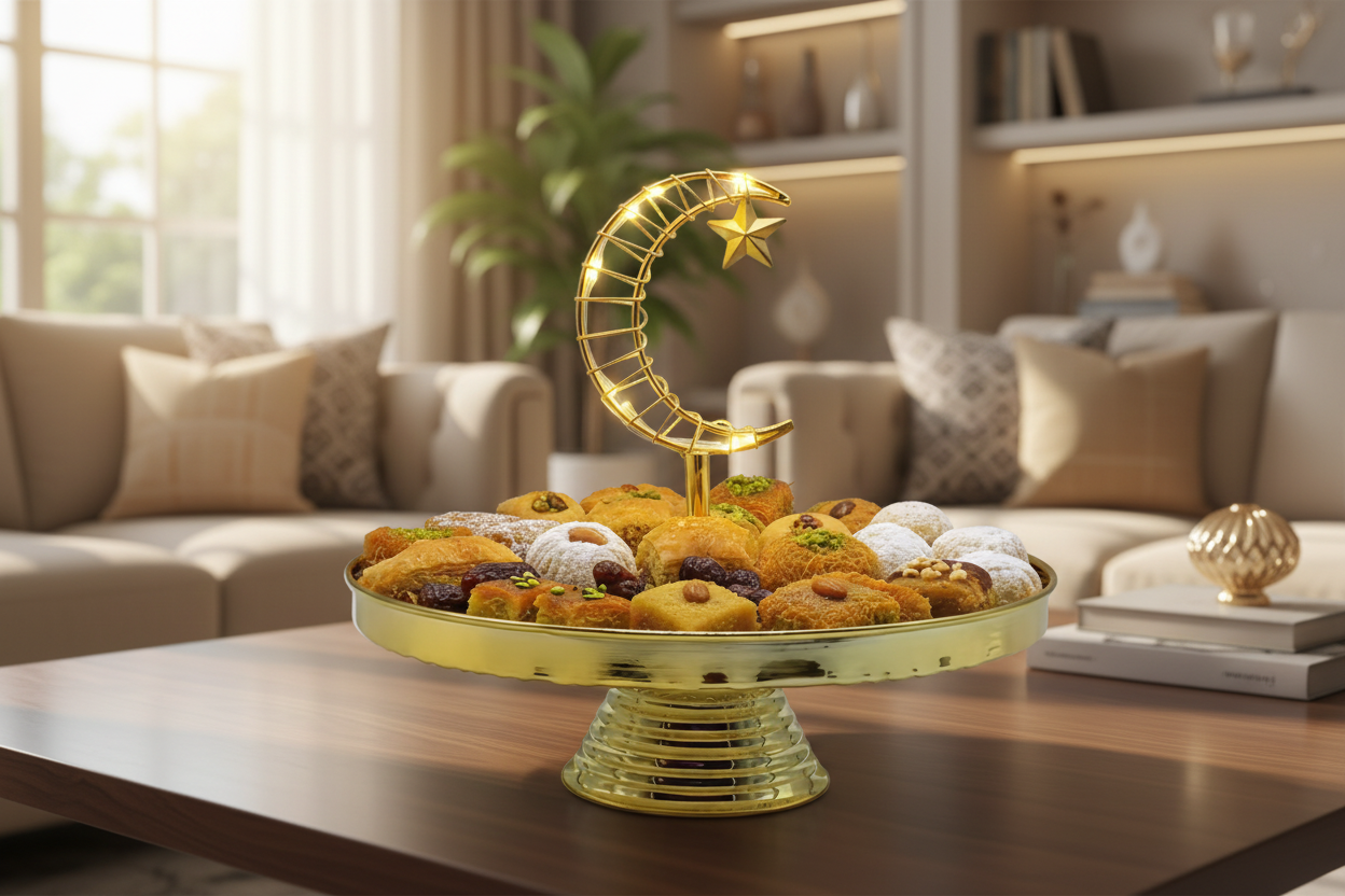 Ramadan Candy Tray with LED - Gold Crescent Moon Serving Stand