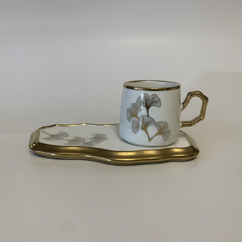 Ceramic Coffee Cup with Saucer - Ginkgo Leaf Gold Trim Organic Shape