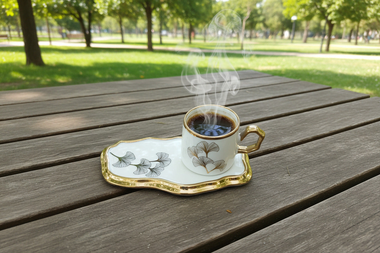 Ceramic Coffee Cup with Saucer - Ginkgo Leaf Gold Trim Organic Shape