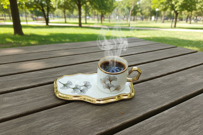 Ceramic Coffee Cup with Saucer - Ginkgo Leaf Gold Trim Organic Shape