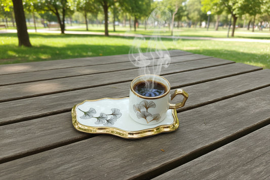 Ceramic Coffee Cup with Saucer - Ginkgo Leaf Gold Trim Organic Shape