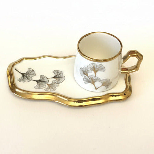 Ceramic Coffee Cup with Saucer - Ginkgo Leaf Gold Trim Organic Shape