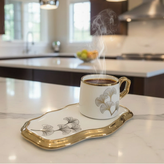 Ceramic Coffee Cup with Saucer - Ginkgo Leaf Gold Trim Organic Shape