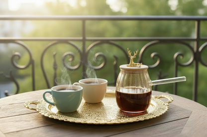Glass Coffee Kettle - Wooden Lid with Gold Deer & Handle 600ml