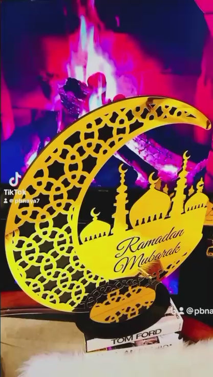 Ramadan Décor - Wooden Crescent Moon Ramadan Mubarak with Mosque 59x20x59cm